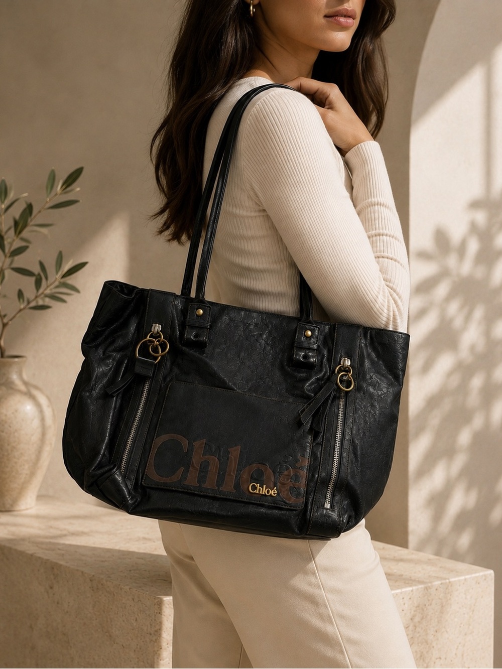 Chloé Black Leather Logo Tote Bag | Good/Fair Condition